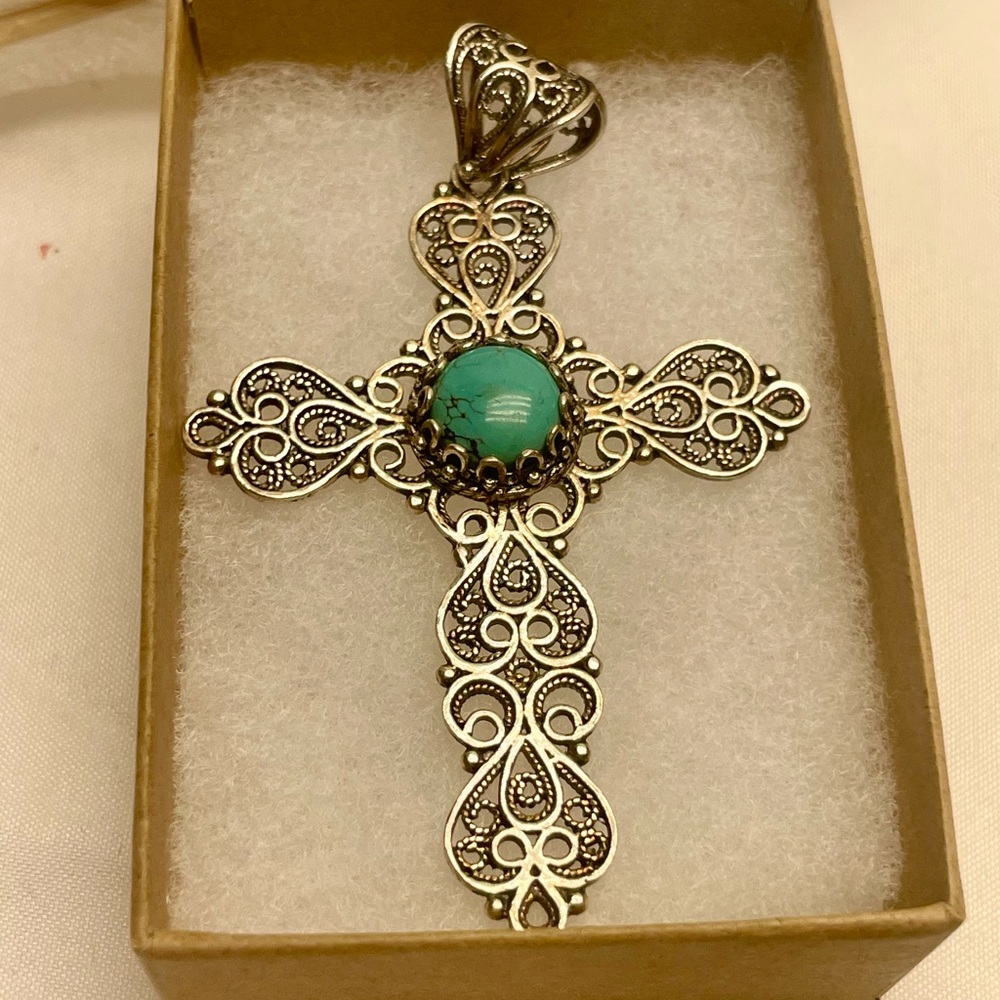Sterling Silver Cross Pendant with Turquoise Accent 925 DGS Turkey